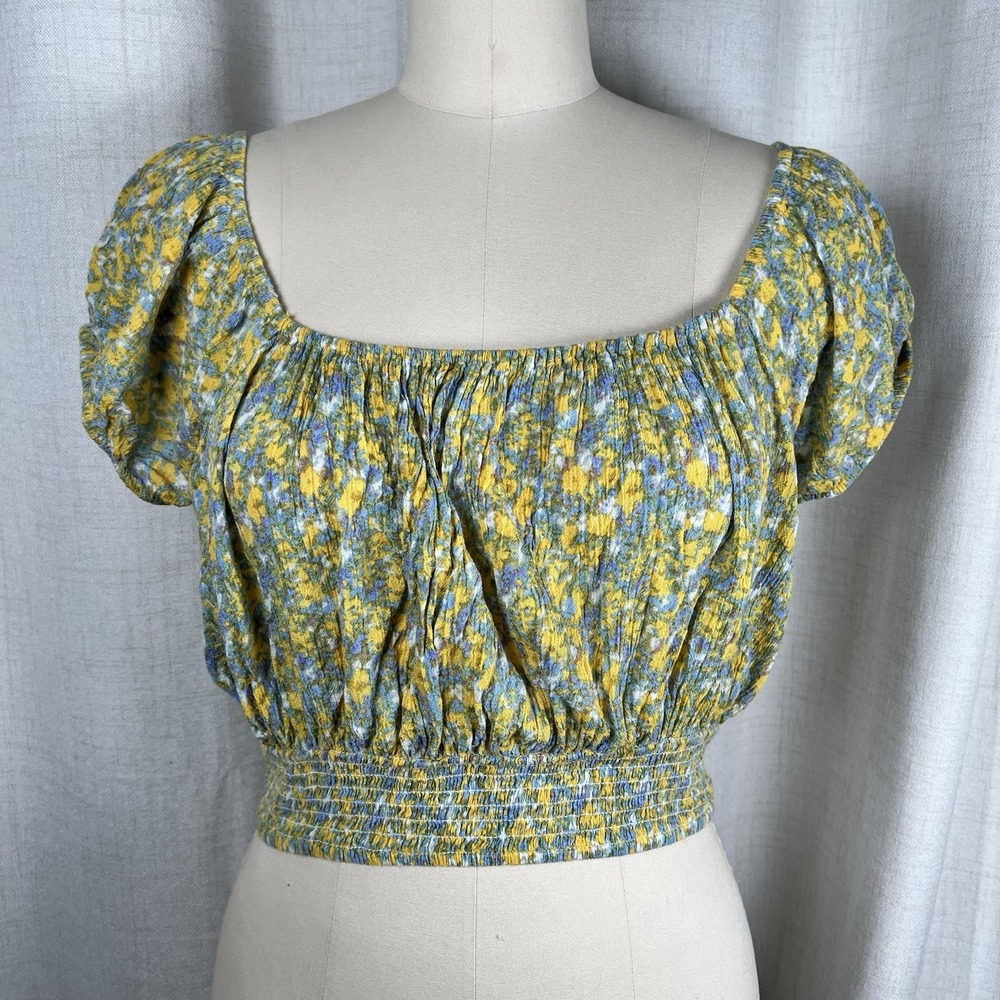 Free People Smocked Peasant Top Cottagecore Boho Yellow Floral Large Puff Sleeve